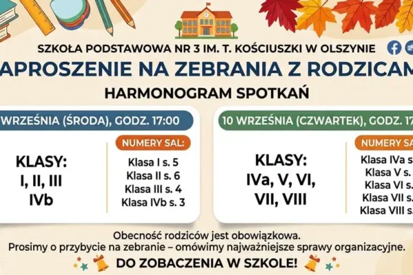 Zebrania z rodzicami w Szkole Podstawowej nr 3 w Olszynie – harmonogram