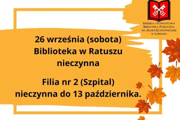 Biblioteka w Ratuszu nieczynna w sobotę 26 września. Filia nr 2 dłużej zamknięta