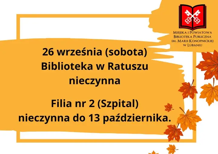 Biblioteka w Ratuszu nieczynna w sobotę 26 września. Filia nr 2 dłużej zamknięta