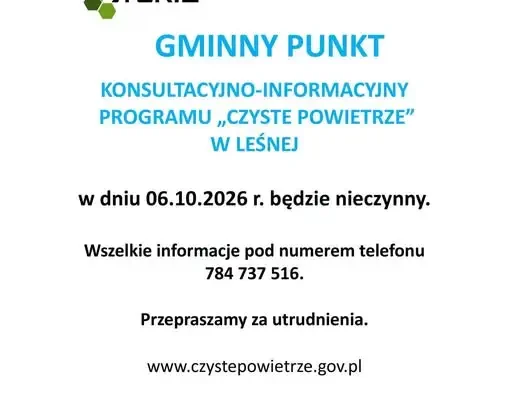 Punkt konsultacyjny programu „Czyste Powietrze” w Leśnej nieczynny 6 października