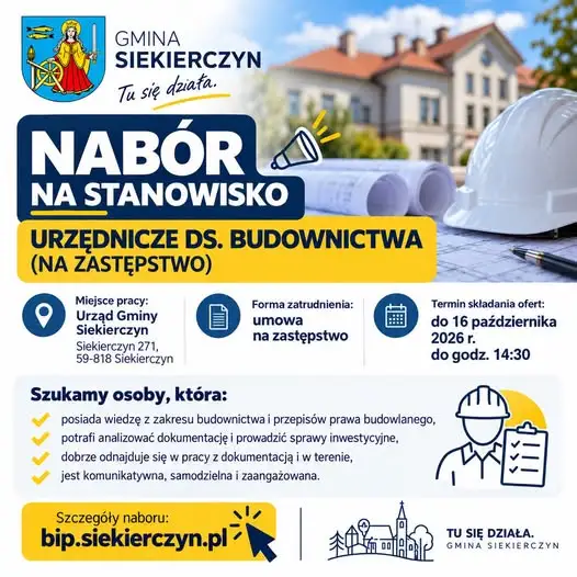 Urząd Gminy Siekierczyn szuka specjalisty ds. budownictwa