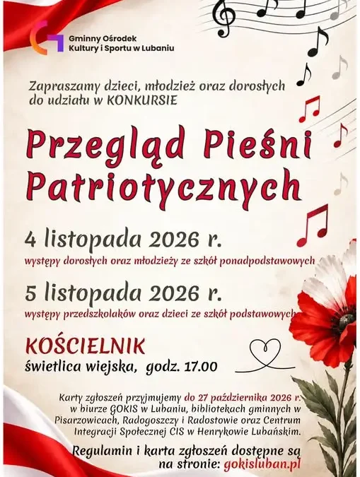 Konkurs Przegląd Pieśni Patriotycznych w Lubaniu – zgłoszenia do 27 października